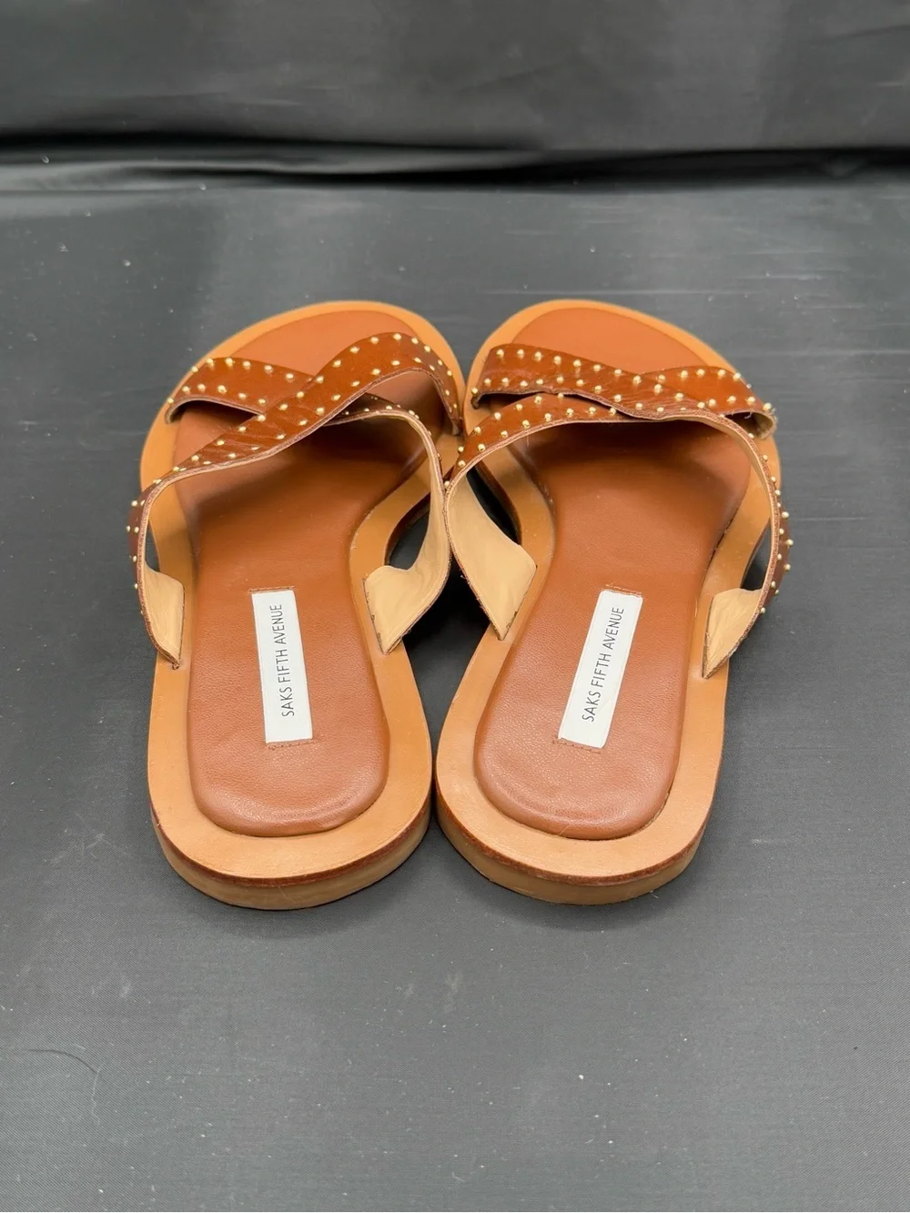 Saks Fifth Avenue Studded Leather Slide Sandals Cognac Boho Luxe 8.5